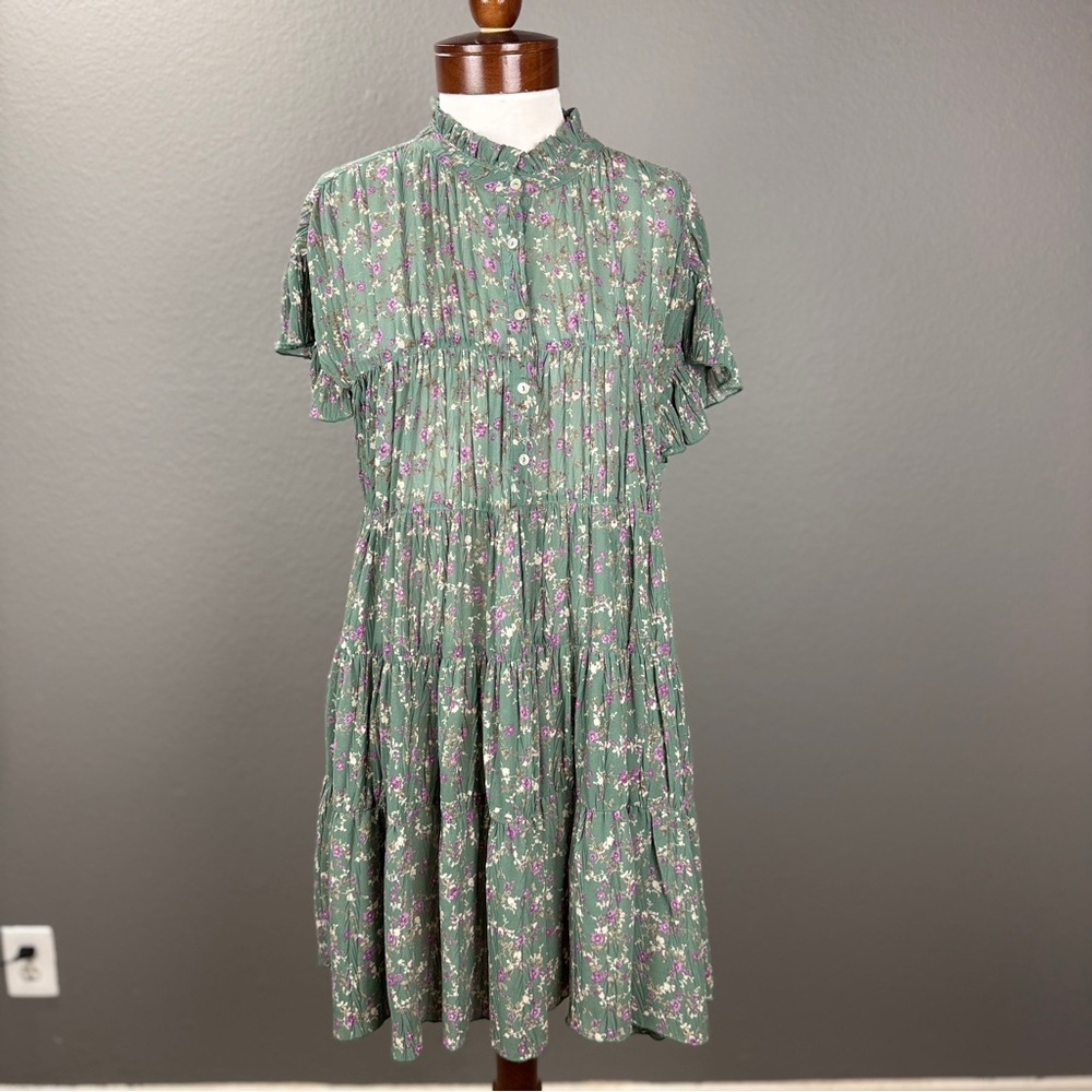 Muche & Machette Vera Green Floral Pleated Button down Shift dress Sz One size